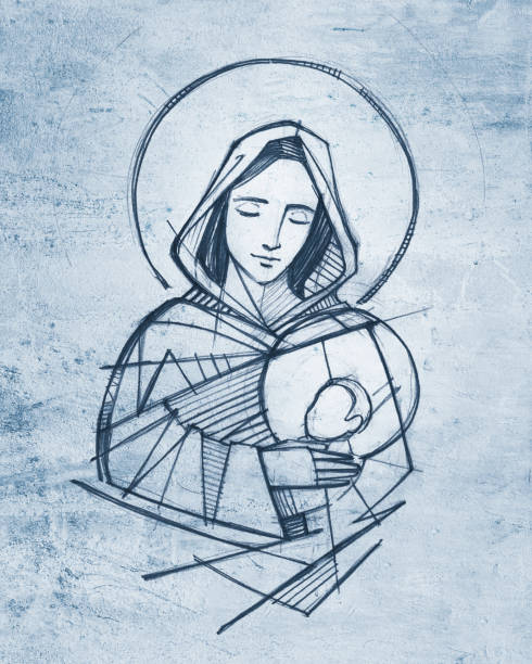 dziewica maryja i dzieciątko jezus ręcznie rysowane ilustracja ołówkowa - madonna stock illustrations
