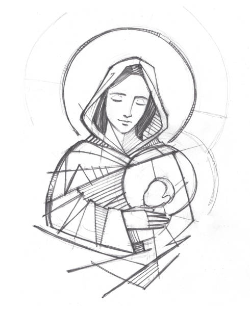 dziewica maryja i dzieciątko jezus ręcznie rysowane ilustracja ołówkowa - madonna stock illustrations