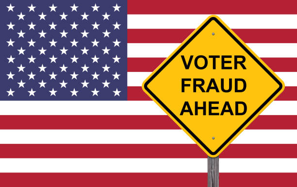 Voter Fraud Warning Sign Voter Fraud Ahead Caution Sign Flag Background voter fraud stock illustrations