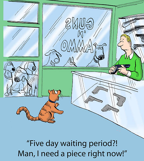 Waiting Period for Gun Legal cartoon showing dogs looking in a 'Guns n Ammo' store window.  Cat is inside saying to clerk, "Five day waiting period?!  Man, I need a piece right now!" nra stock illustrations