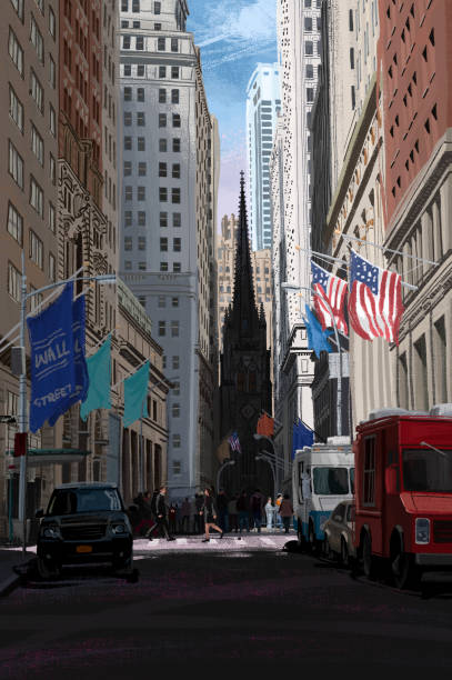 bildbanksillustrationer, clip art samt tecknat material och ikoner med wall street på financial district, new york city, usa - wall street
