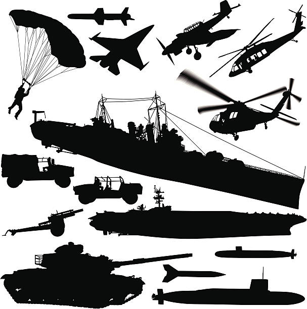 Warfare Silhouette Elements A large collection of modern warfare silhouettes. military helicopter stock illustrations