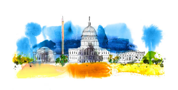 Washington DC. White house and obelisk. Sketch composition with colourful water colour effects Washington DC. White house and obelisk. Sketch composition with colourful water colour effects white house stock illustrations