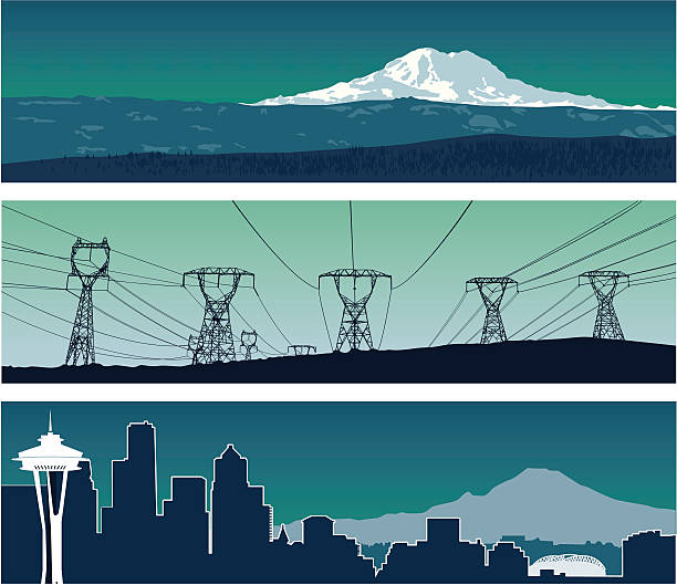 Washington Panoramas "Three Washington state scenes: Mount Rainier, Hydro-electric power lines on the Waterville Plateau, and the Seattle Skyline. Global colors - easily changed." cascade range stock illustrations