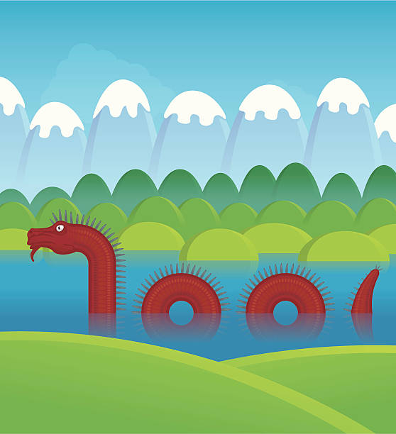 Water dragon Mythical creature swimming past mountains loch ness monster stock illustrations