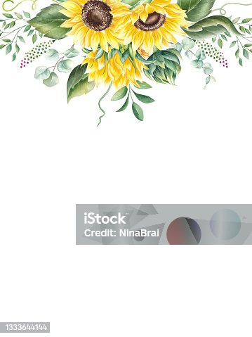 istock Watercolor banner with sunflowers and green leaves. Floristic design elements for floristics. Hand drawn illustration. Greeting card. Floral print. Yellow flowers background. 1333644144