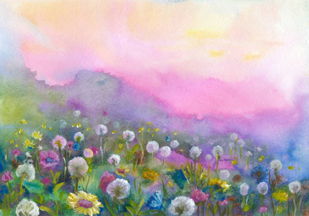 Watercolor blooming valley Watercolor blooming valley landscape painting stock illustrations