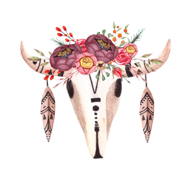 Watercolor boho skull of cow,buffalo,animal with flowers and arrows. Printable poster template for wallart. Watercolor boho skull of cow,buffalo,animal with flowers and arrows. Printable poster template for wallart. Hand painted illustration isolated printable cow stock illustrations