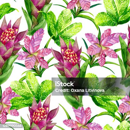istock Watercolor bright tropical green and purple seamless pattern 1289990566