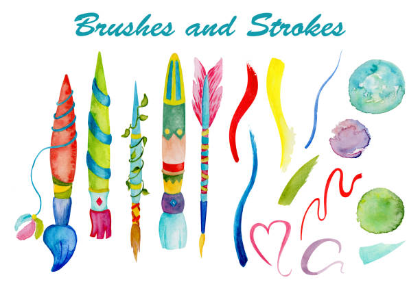 Watercolor brushes and strokes. Hand-painted watercolour brushes in creative style. Tribal brush with floral decor. vector art illustration