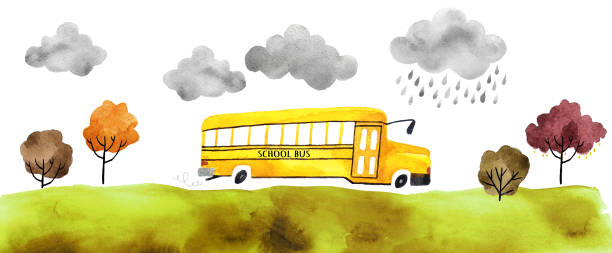 Watercolor car Beautiful cartoon school bus isolated on white background. Hand drawn watercolor school bus with autumn trees and grass and clouds for your design. altostratus stock illustrations