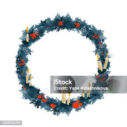 istock Watercolor Christmas wreath with bright red berries and candles. 1339704707