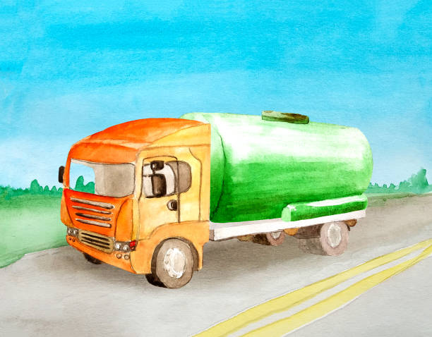 aquarell zisterne lkw mit einer orangefarbenen kabine und einem grünen zylinder fährt entlang einer straße in einem landschaftlichen hintergrund für visitenkarten, illustration des frachtverkehrs, verkehr oder tag der transportarbeiter. - oil lkw autobahn stock-grafiken, -clipart, -cartoons und -symbole
