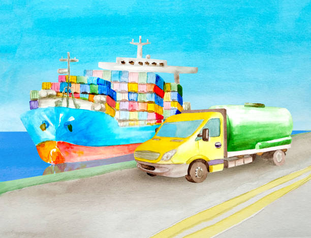 aquarell containerschiff und tank-truck-zisterne stehen auf der anlegestelle in der nähe für illustrationen zum logistikthema. konzept für den gütertransport - oil lkw autobahn stock-grafiken, -clipart, -cartoons und -symbole