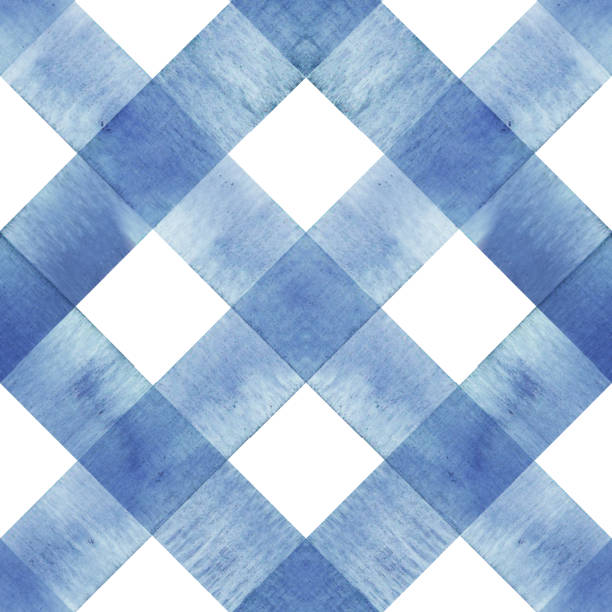 Watercolor diagonal stripe plaid seamless pattern. Indigo blue stripes on white background vector art illustration