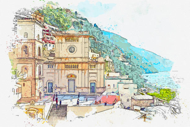 Watercolor drawing  small town of Amalfi famous landmark of Italy, Sorrento, Italy. Watercolor drawing  small town of Amalfi famous landmark of Italy, Sorrento, Italy. amalfi coast stock illustrations