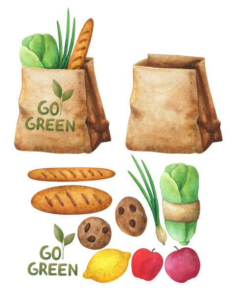 ilustrações de stock, clip art, desenhos animados e ícones de watercolor eco shopping set - paper bag craft
