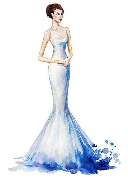 Watercolor fashion illustration, girl in a long wedding dress. Watercolor fashion illustration, Beautiful young girl in a long dress. Wedding dress fashion dress sketches stock illustrations