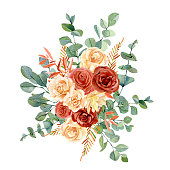 istock Watercolor floral bouquet, red and peach flowers roses and peonies, eucalyptus leaves. Autumn floral design for wedding invitation, bridal shower, baby shower 1398076991