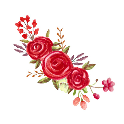 Watercolor Floral Bouquet With Red Roses Hand Painted Flowers ...