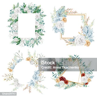 istock Watercolor floral frame with golden rose, pampas grass, blue flower, eucalyptus. Golden glitter texture illustration for christmas card,  greeting card, wedding card, baby shower, bridal shower. 1346459741