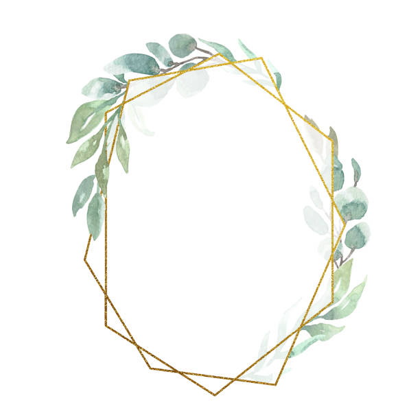 Watercolor Floral Geometric Frame Watercolor greenery foliage with metallic geometric frame wedding clipart stock illustrations