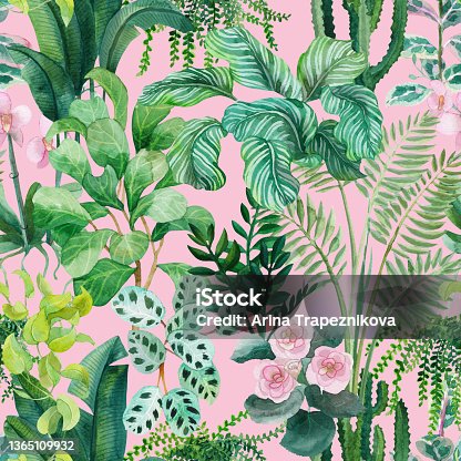 istock Watercolor floral seamless pattern with home tropical plants. Floral background 1365109932