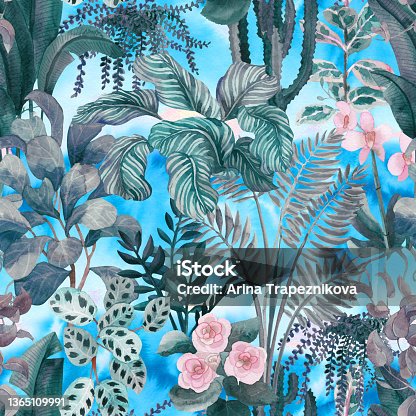 istock Watercolor floral seamless pattern with home tropical plants. Floral background 1365109991