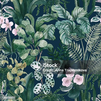 istock Watercolor floral seamless pattern with home tropical plants. Floral background 1365110011