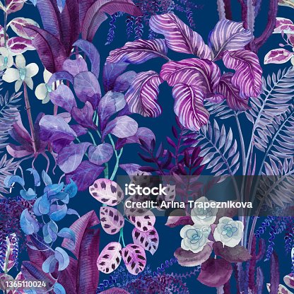 istock Watercolor floral seamless pattern with home tropical plants. Floral background 1365110024