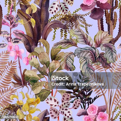 istock Watercolor floral seamless pattern with home tropical plants. Floral background 1365110031