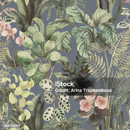 istock Watercolor floral seamless pattern with home tropical plants. Floral background 1365110041