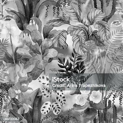 istock Watercolor floral seamless pattern with home tropical plants. Floral background 1365110062