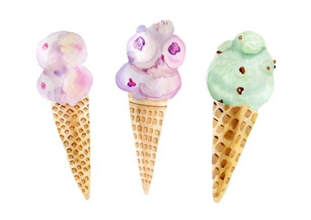 bildbanksillustrationer, clip art samt tecknat material och ikoner med watercolor food illustration ice cream in a waffle cone by hand - sommar sverige