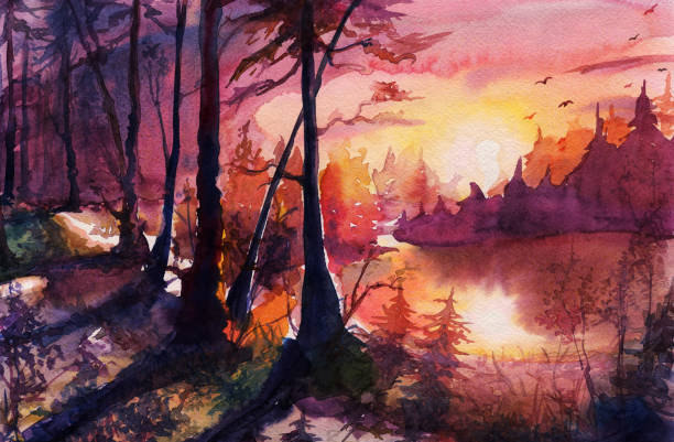 Watercolor Forest Landscape Painting Beautiful Abstract Drawing