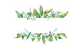 istock Watercolor frame with colorful flying dragonflies and twigs of leaves on a white background. 1333055733