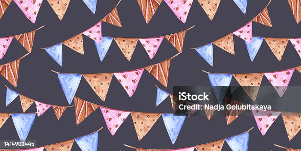 istock Watercolor garland seamless pattern on a black background. Hand-drawn birthday decor illustration. Party decoration. Cute flags endless print. Celebration wallpaper. Blue, brown, and pink garland. 1414902445