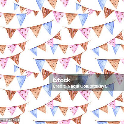 istock Watercolor garland seamless pattern on a white background. Hand-drawn birthday decor illustration. Party decoration. Cute flags endless print. Celebration wallpaper. Blue, brown, and pink garland. 1414747154