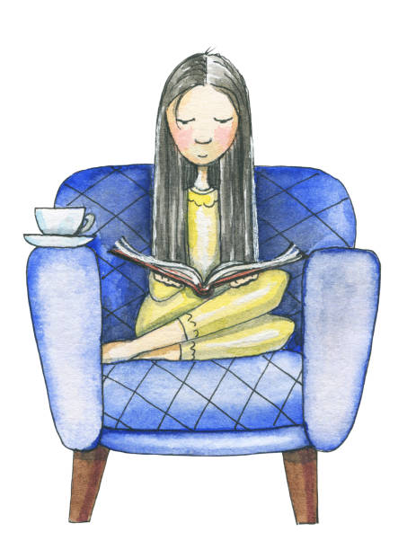 Watercolor girl sits on a couch and reads a book Young woman sits on a couch and reads a book isolated on white background. Watercolor hand drawn illustration sweet little models pictures stock illustrations