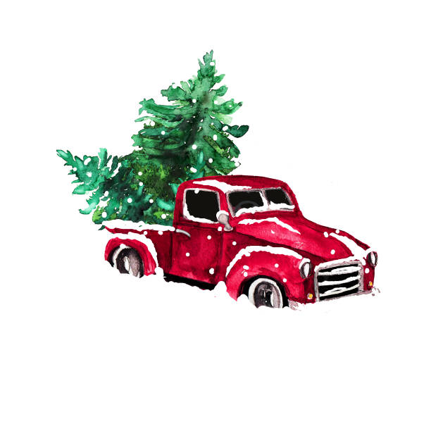 Watercolor hand drawn artistic colorful retro vintage car  with Christmas  tree isolated on white background  travel clipart stock illustrations