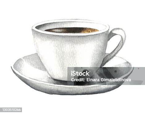 istock Watercolor hand drawn cup of coffee with saucer. Illustration isolated on white background for greeting cards, invitations, logos, and printed materials. 1303510266
