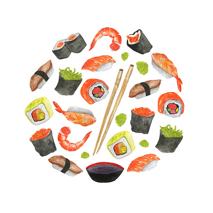 Watercolor Handdrawn Circle Shaped Template With Sushi Japanese Food ...