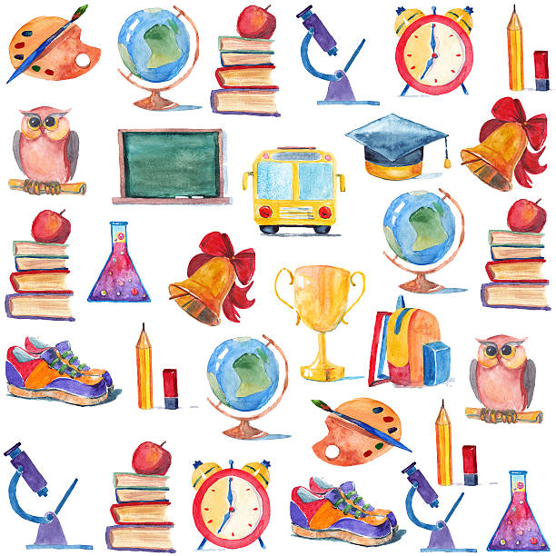 Watercolor icons School and education vector art illustration