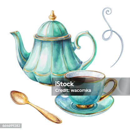 istock watercolor illustration, cup of tea, teapot, spoon, isolated on white background 664699282