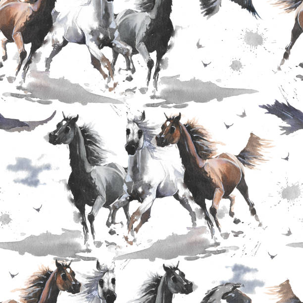 Watercolor illustration. Cute cartoon. Seamless pattern. Horses white and dark brown, eagle. Mustang wild Arabian. Hand drawn watercolor illustration. Cute cartoon. Seamless pattern. Horses white and dark brown, eagle. Mustang wild Arabian.  White background. Pastel color. For cloth, linen and other texture. horse patterns stock illustrations