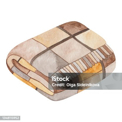 istock Watercolor illustration hand painted brown, beige, yellow checked plaid blanket with tassels 1348115952