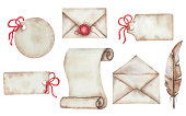 istock Watercolor illustration hand painted scrolled old parchment, envelop with wax, quill, labels, tags 1350872477