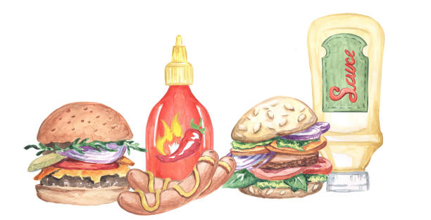 ソースとハンバーガーソーセージファストフードのボトルの水彩画 - チリドッグ点のイラスト素材／クリップアート素材／マンガ素材／アイコン素材