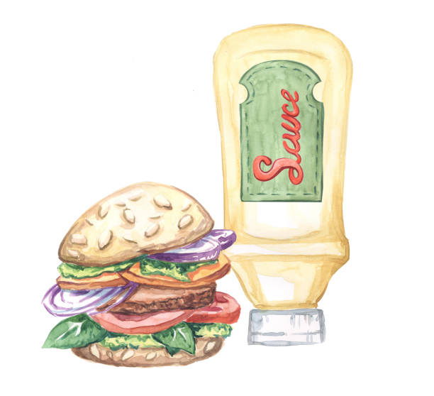 ソースとハンバーガーとボトルの水彩画 - チリドッグ点のイラスト素材／クリップアート素材／マンガ素材／アイコン素材