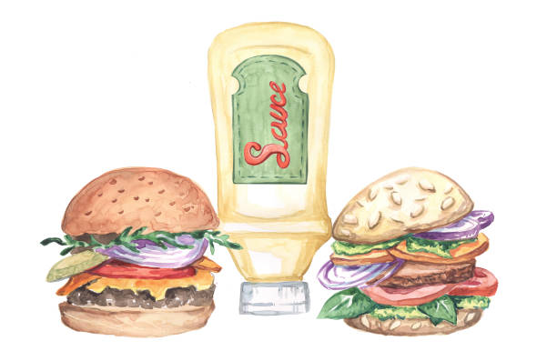 ソースとハンバーガーとボトルの水彩画 - チリドッグ点のイラスト素材／クリップアート素材／マンガ素材／アイコン素材